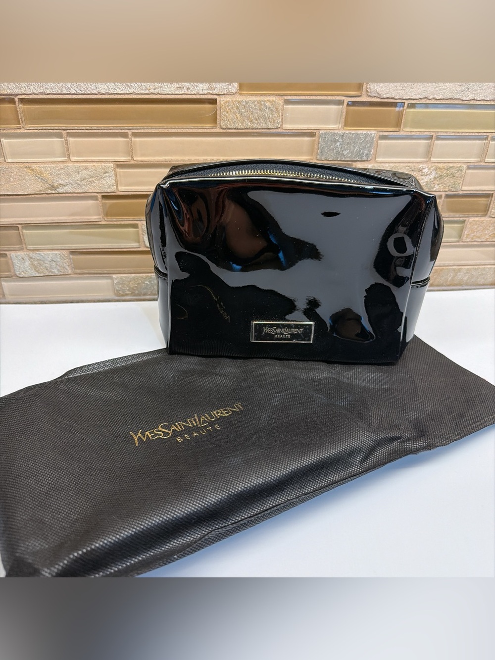 NIB YSL Black Patent Leather Cosmetic Case Makeup Bag Dust Bag